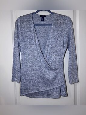 Gap Women's Gray Heathered Knit Wrap V-Neck Long Sleeve Stretch Top Size S